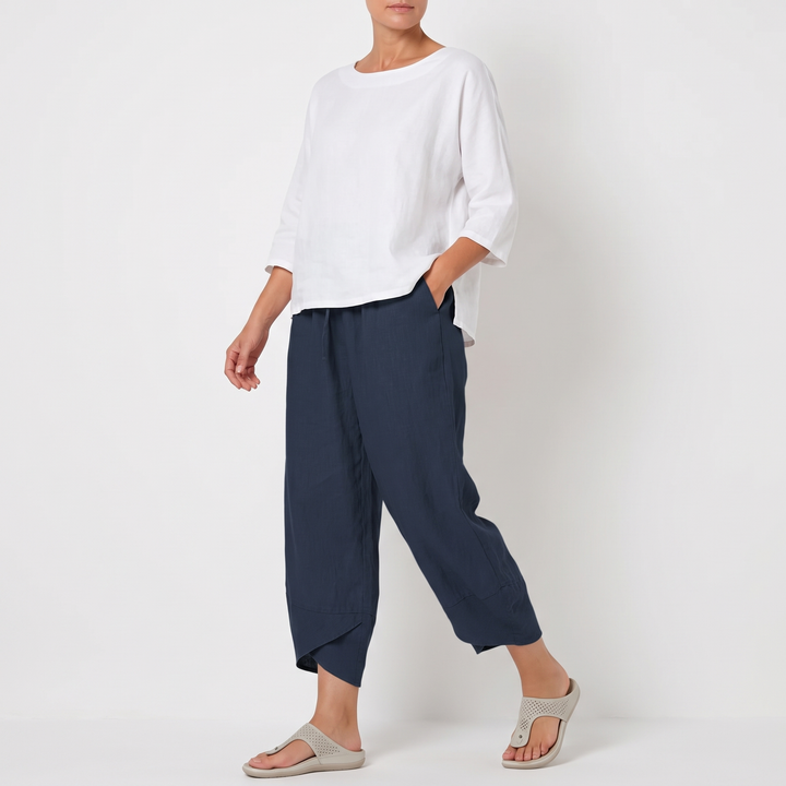 Women's Beige Wide-Leg Cropped Pants Elastic-Waist Side-Pocket Trousers