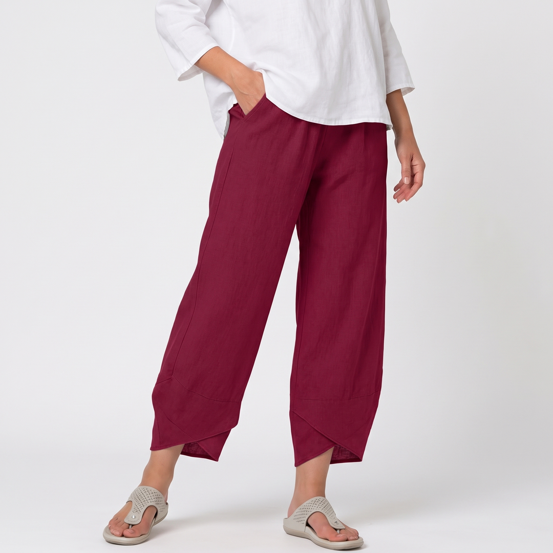 Women's Beige Wide-Leg Cropped Pants Elastic-Waist Side-Pocket Trousers