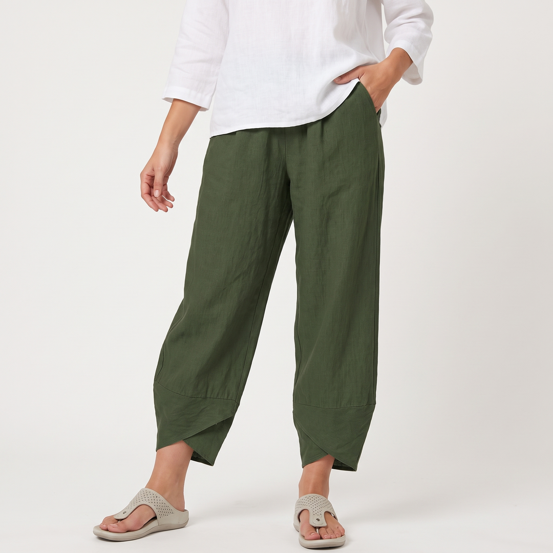 Women's Beige Wide-Leg Cropped Pants Elastic-Waist Side-Pocket Trousers