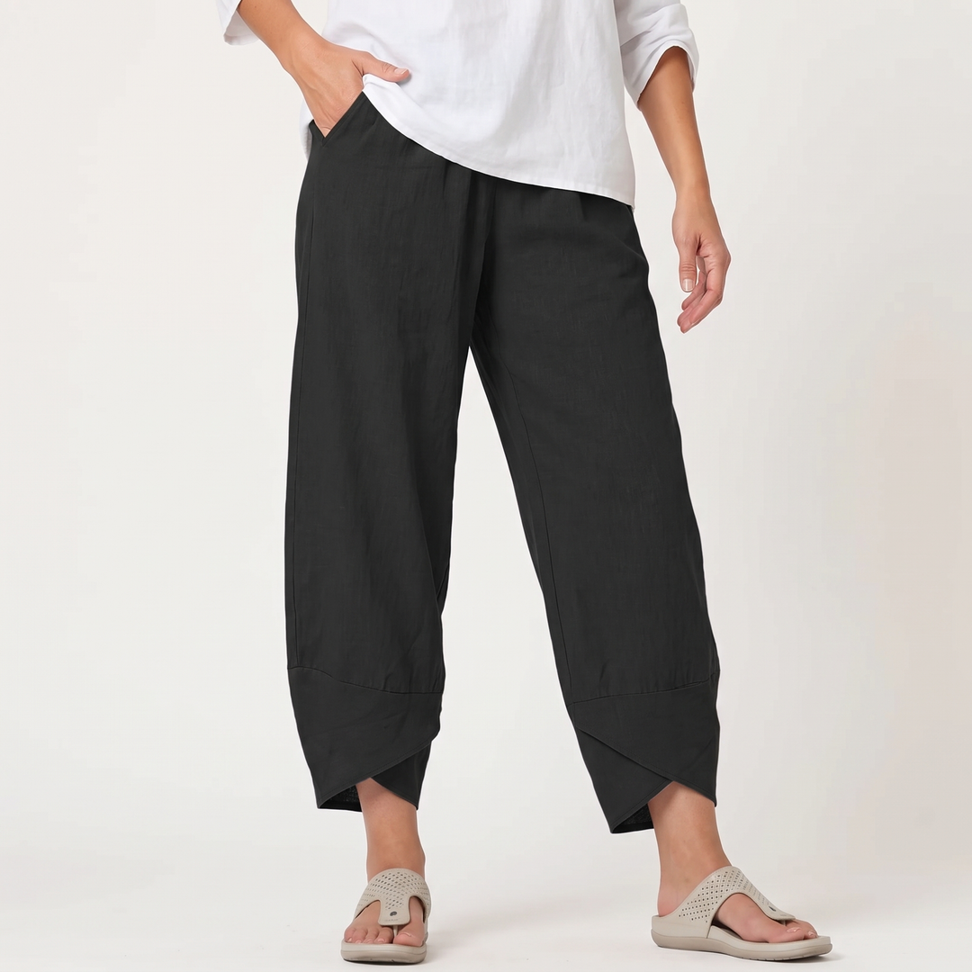 Women's Beige Wide-Leg Cropped Pants Elastic-Waist Side-Pocket Trousers