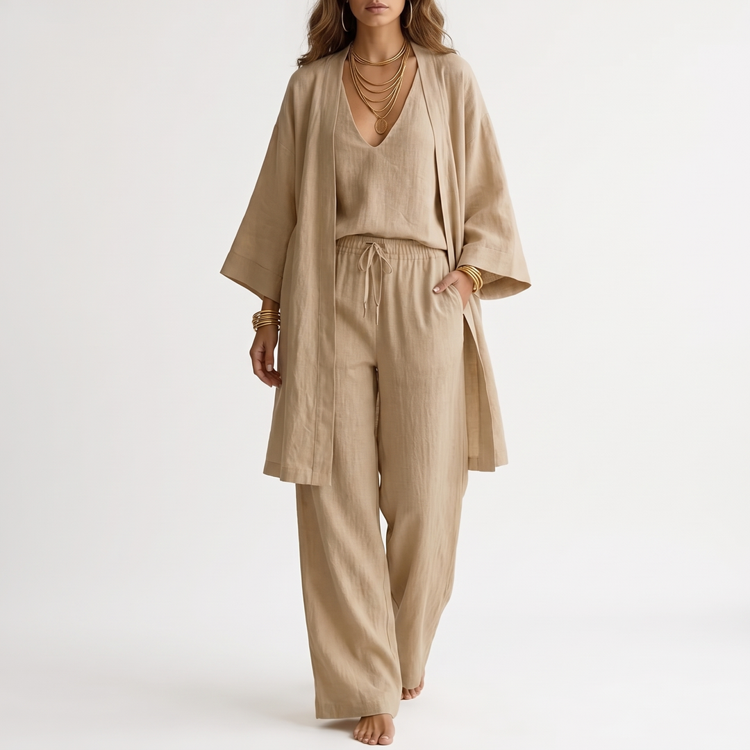 Women's V-Neck Open-Front Two-Piece Wide-Leg Pant Set