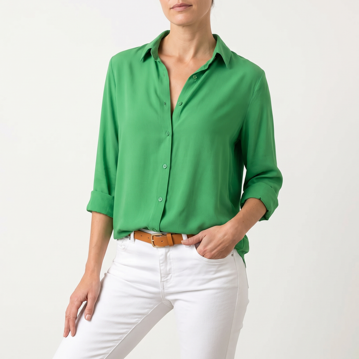 Women's Long-Sleeve Button-Down Blouse Collared Hip-Length Shirt