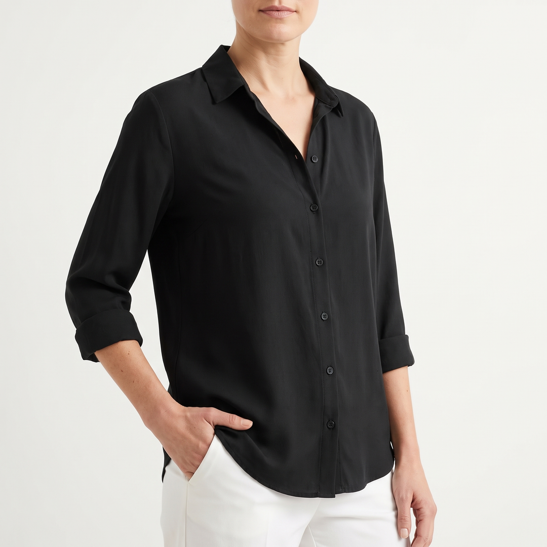 Women's Long-Sleeve Button-Down Blouse Collared Hip-Length Shirt