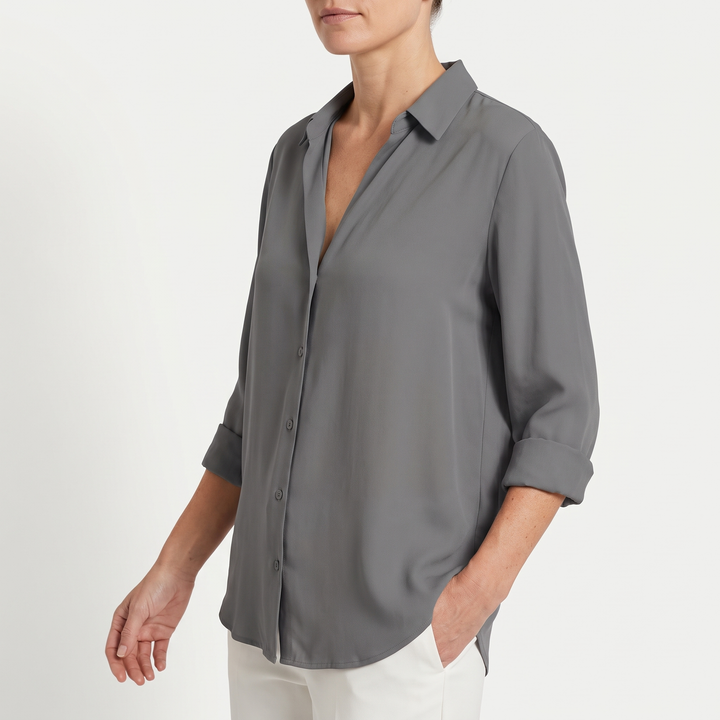 Women's Long-Sleeve Button-Down Blouse Collared Hip-Length Shirt