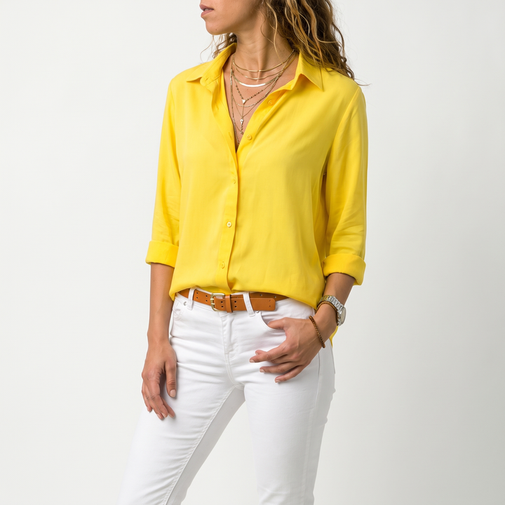 Women's Long-Sleeve Button-Down Blouse Collared Hip-Length Shirt