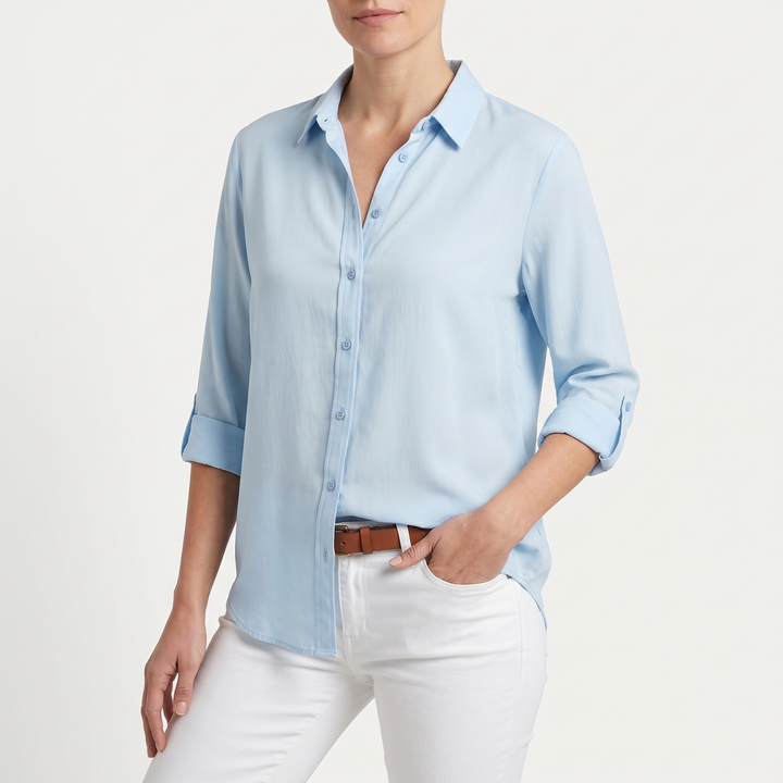 Women's Long-Sleeve Button-Down Blouse Collared Hip-Length Shirt