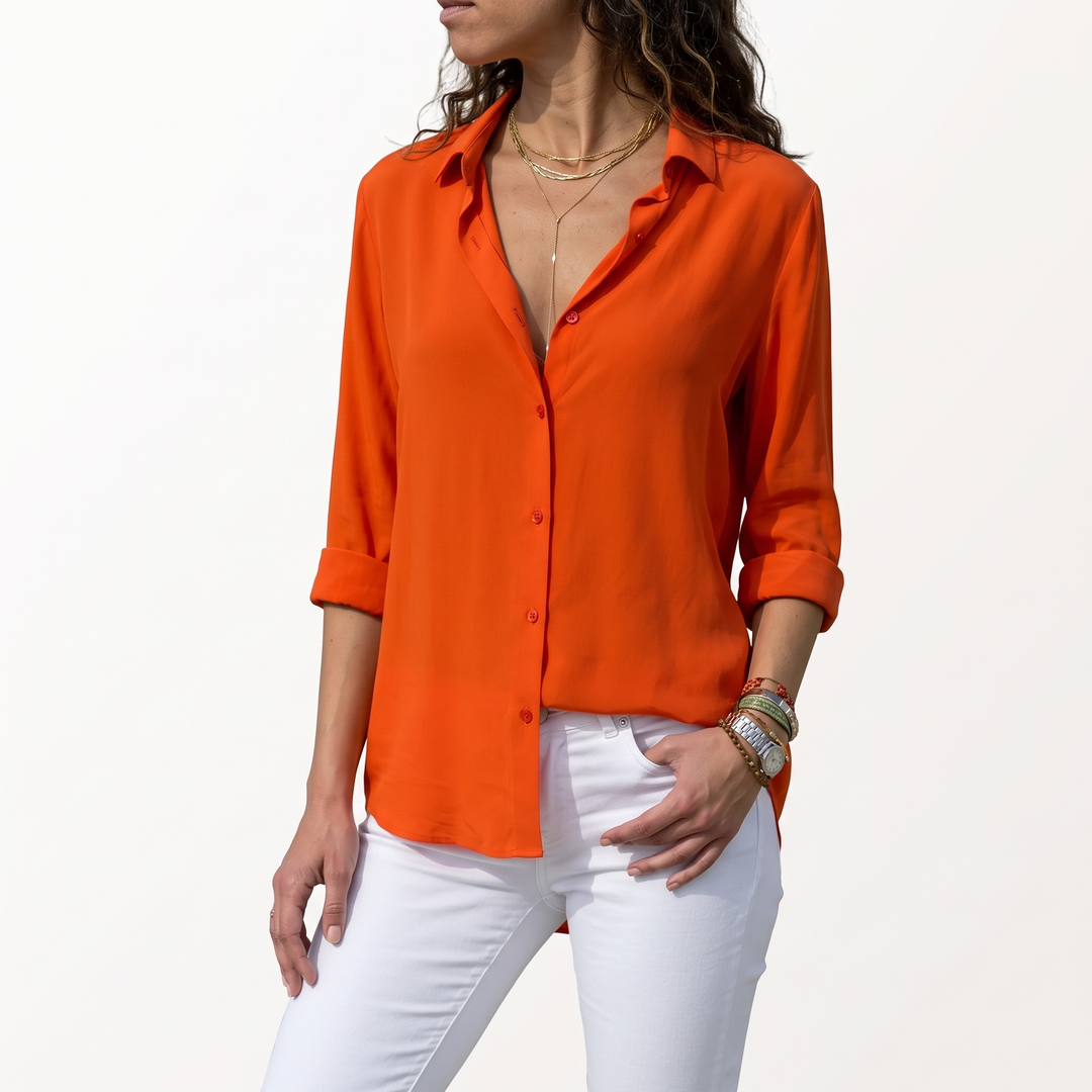 Women's Long-Sleeve Button-Down Blouse Collared Hip-Length Shirt