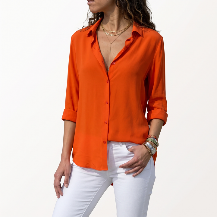 Women's Long-Sleeve Button-Down Blouse Collared Hip-Length Shirt
