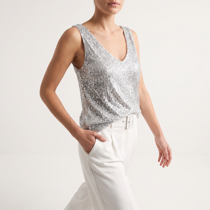 Women's Sequin V-Neck Sleeveless Hip-Length Tank Top