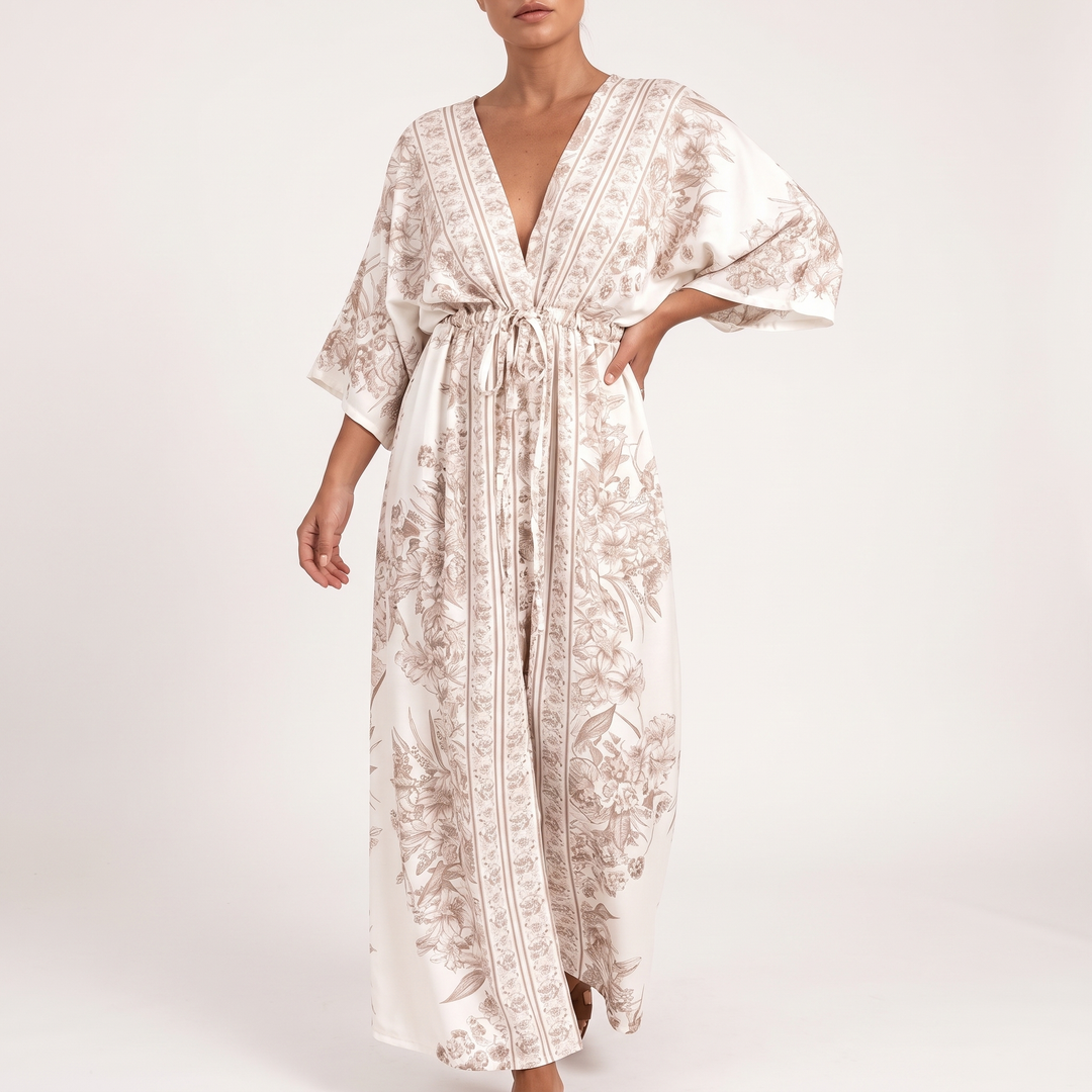 Women's Floral Print Batwing-Sleeve Maxi Dress with Drawstring Waist