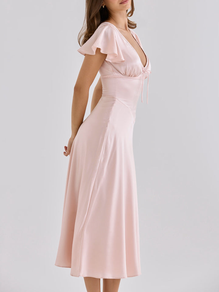 Women's Satin Flutter Sleeve Tie Front V-Neck Midi Dress