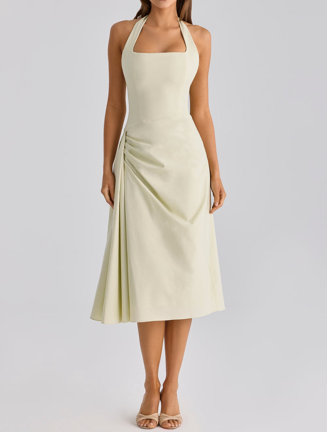 Women's Halter Neck Midi Dress Ruched Waist Square Neck Sleeveless
