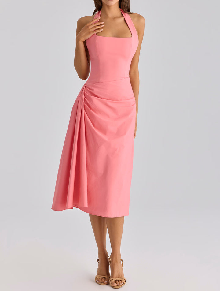 Women's Halter Neck Midi Dress Ruched Waist Square Neck Sleeveless