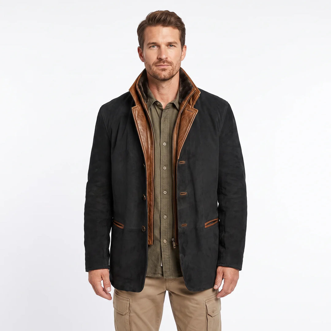Men's Suede Leather Jacket Contrast Trim Stand Collar Blazer Coat