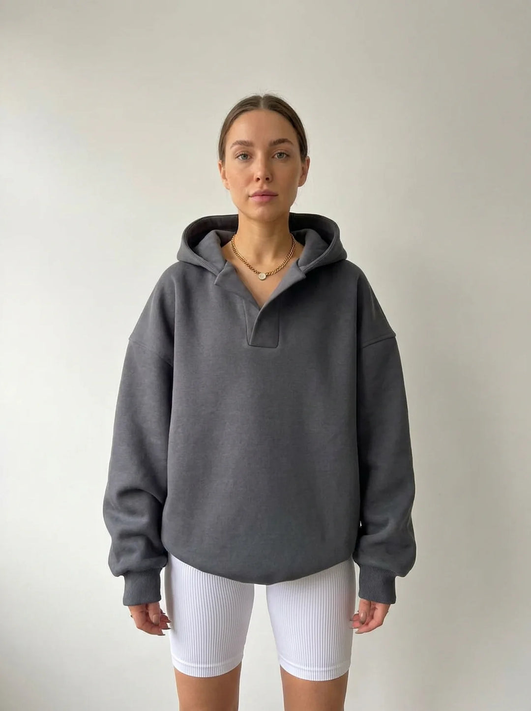 Women's Oversized Hoodie V-Neck Collar Fleece Pullover
