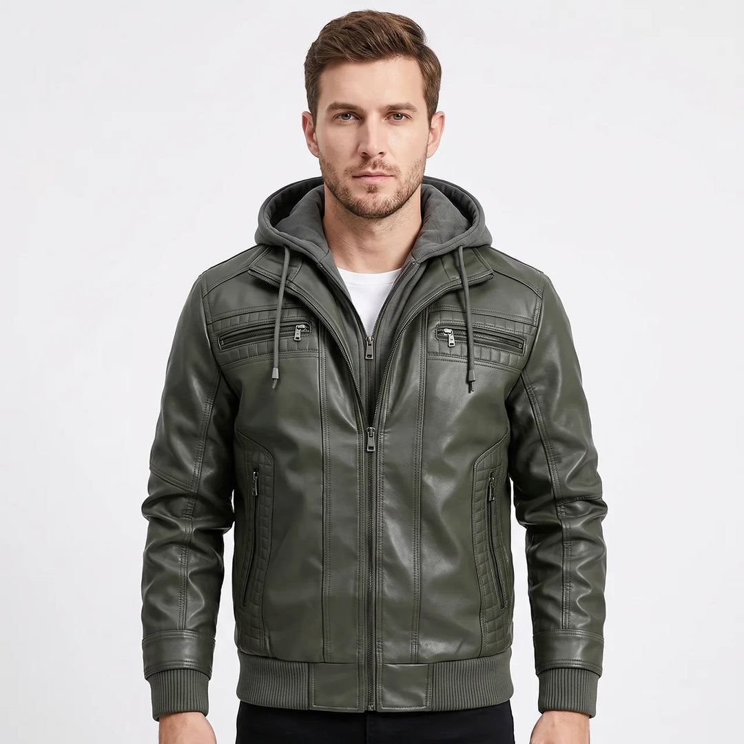 Men's Leather Jacket Removable Hood Zip-Up Moto Jacket