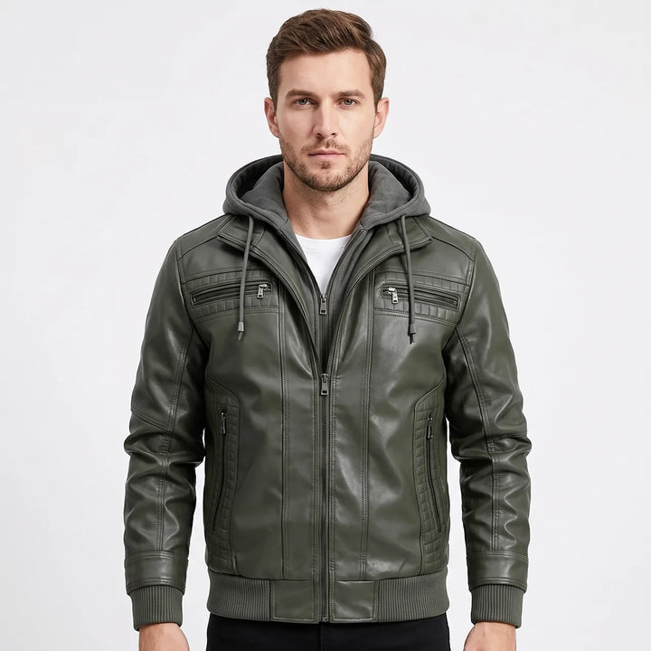 Men's Leather Jacket Removable Hood Zip-Up Moto Jacket