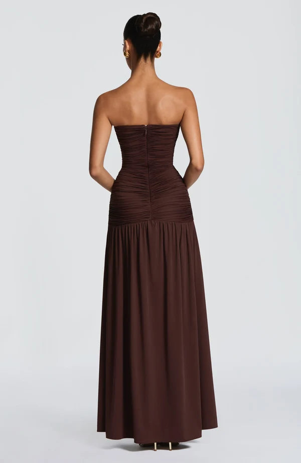 Women's Strapless Maxi Dress Ruched Bodice Thigh Split Evening