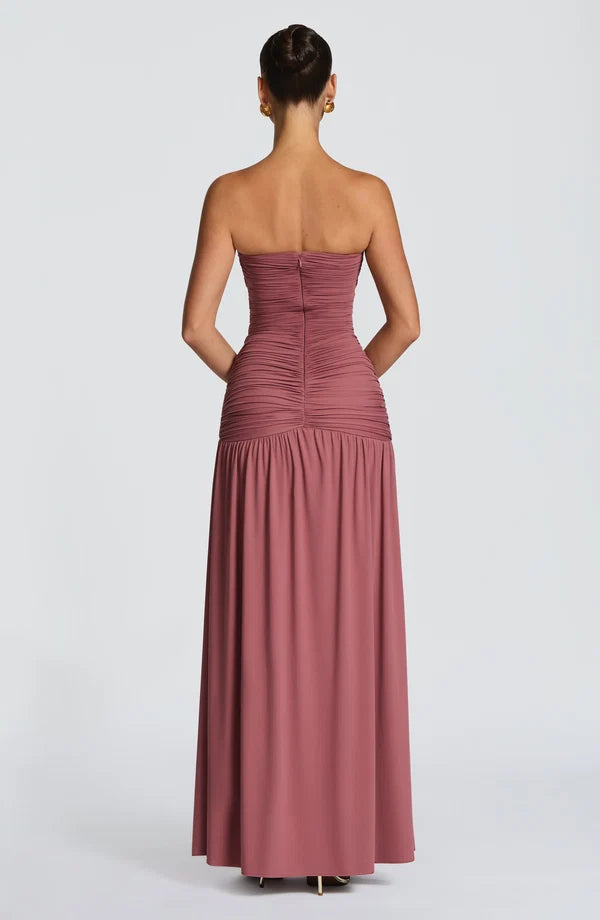 Women's Strapless Maxi Dress Ruched Bodice Thigh Split Evening