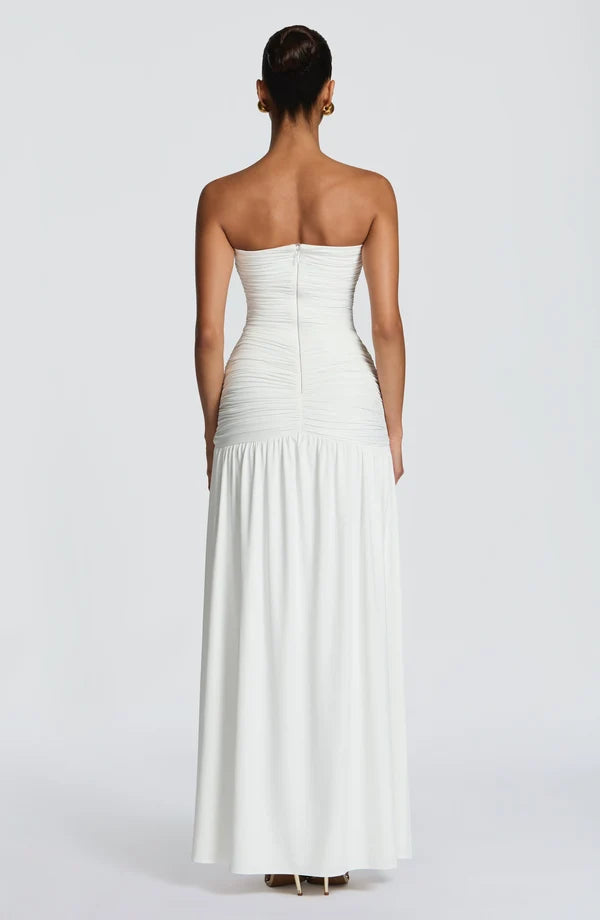Women's Strapless Maxi Dress Ruched Bodice Thigh Split Evening