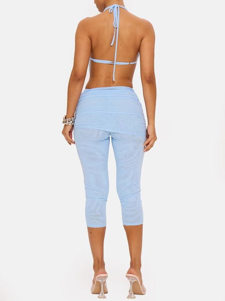 Women's Draped Cowl Neck Backless Jumpsuit Halter Cropped Leg Mesh