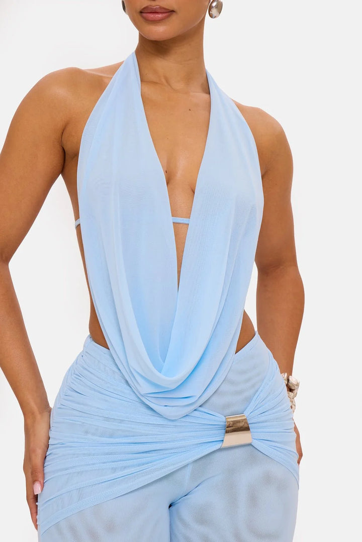 Women's Draped Cowl Neck Backless Jumpsuit Halter Cropped Leg Mesh