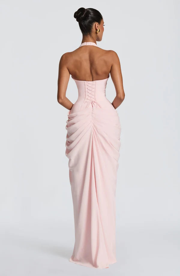 Women's Halter Neck Ruched Maxi Sundress with High Slit