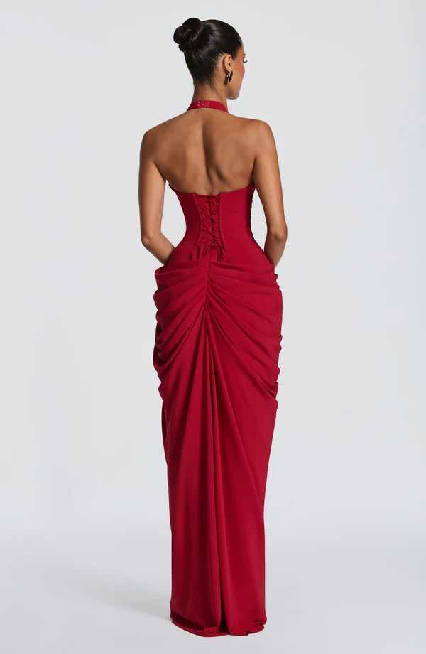 Women's Halter Neck Ruched Maxi Sundress with High Slit