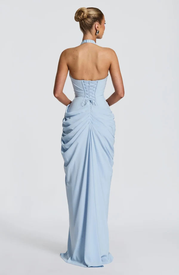 Women's Halter Neck Ruched Maxi Sundress with High Slit