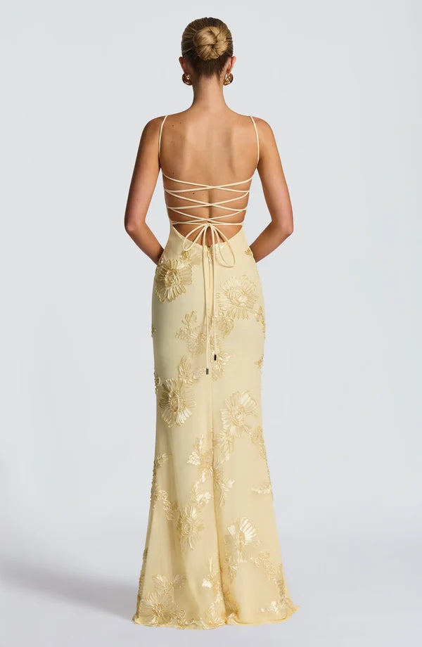 Women's Floral Lace Applique Corset Maxi Dress Spaghetti Strap Mermaid