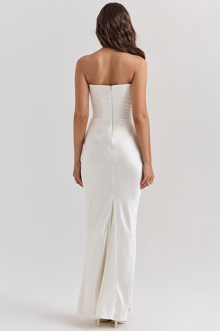 Women's Satin Maxi Dress Strapless Corset Bodice Draped Bodycon