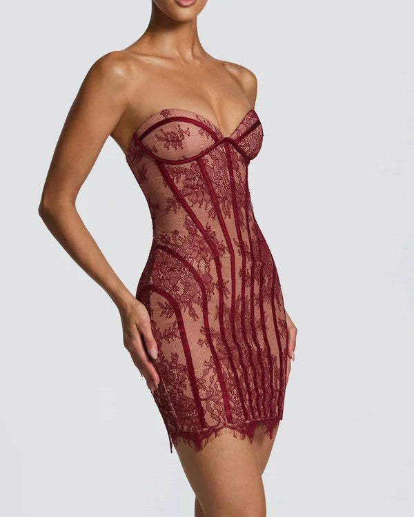 Women's Strapless Lace Corset Bodycon Mini Dress