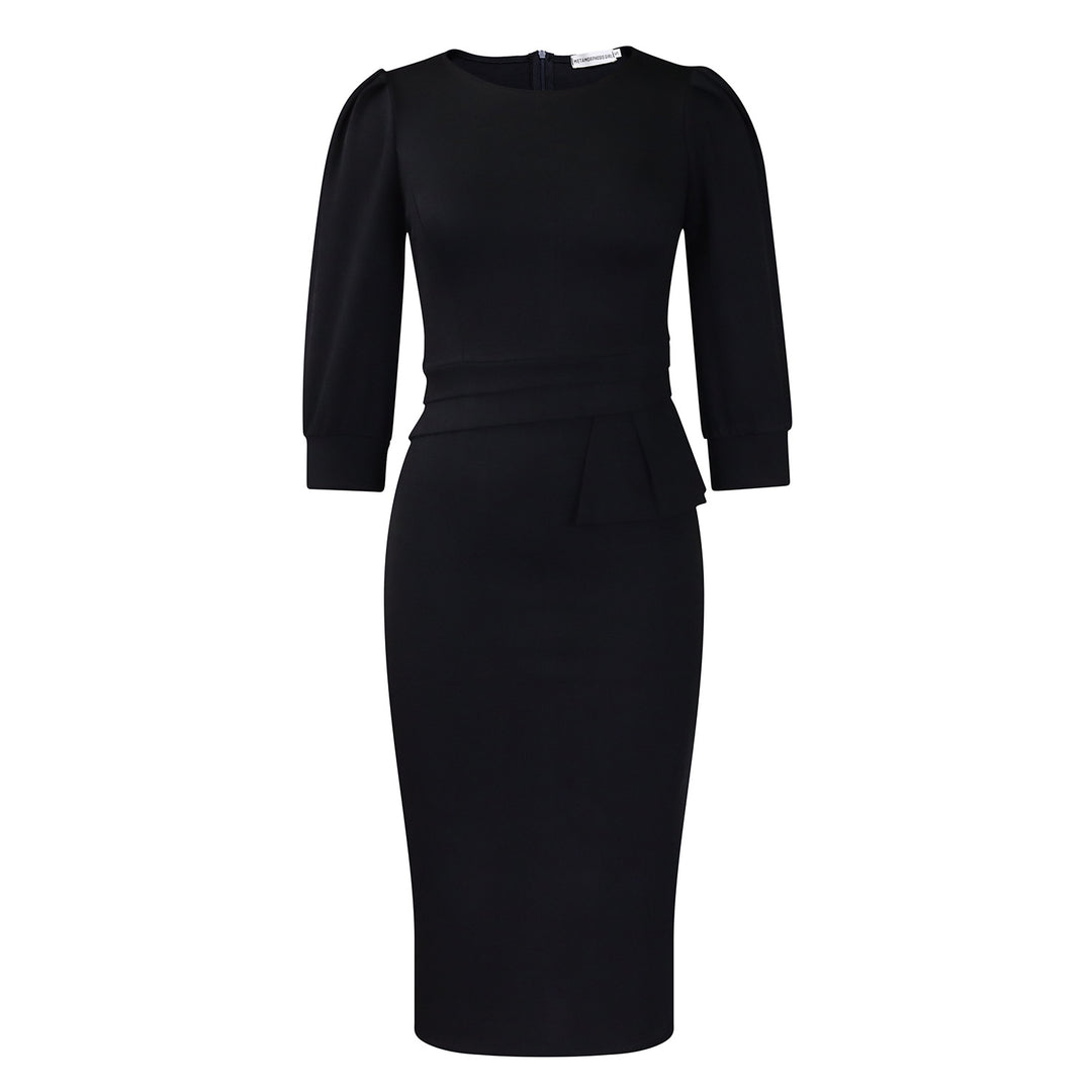 Women's Corporate Work Dress – Peplum Pencil Midi 3/4 Sleeve Structured