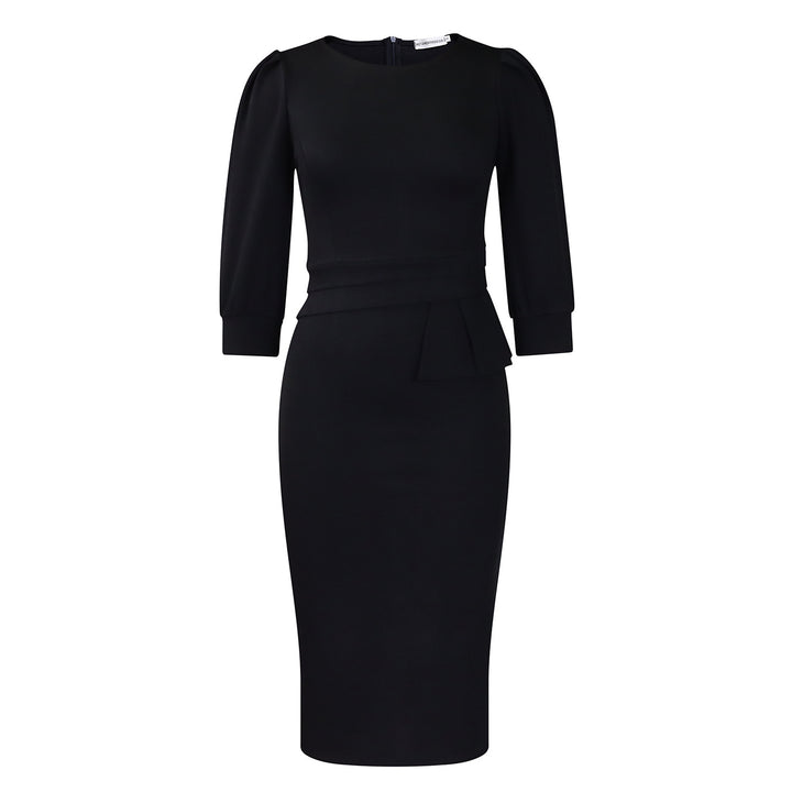 Women's Corporate Work Dress – Peplum Pencil Midi 3/4 Sleeve Structured