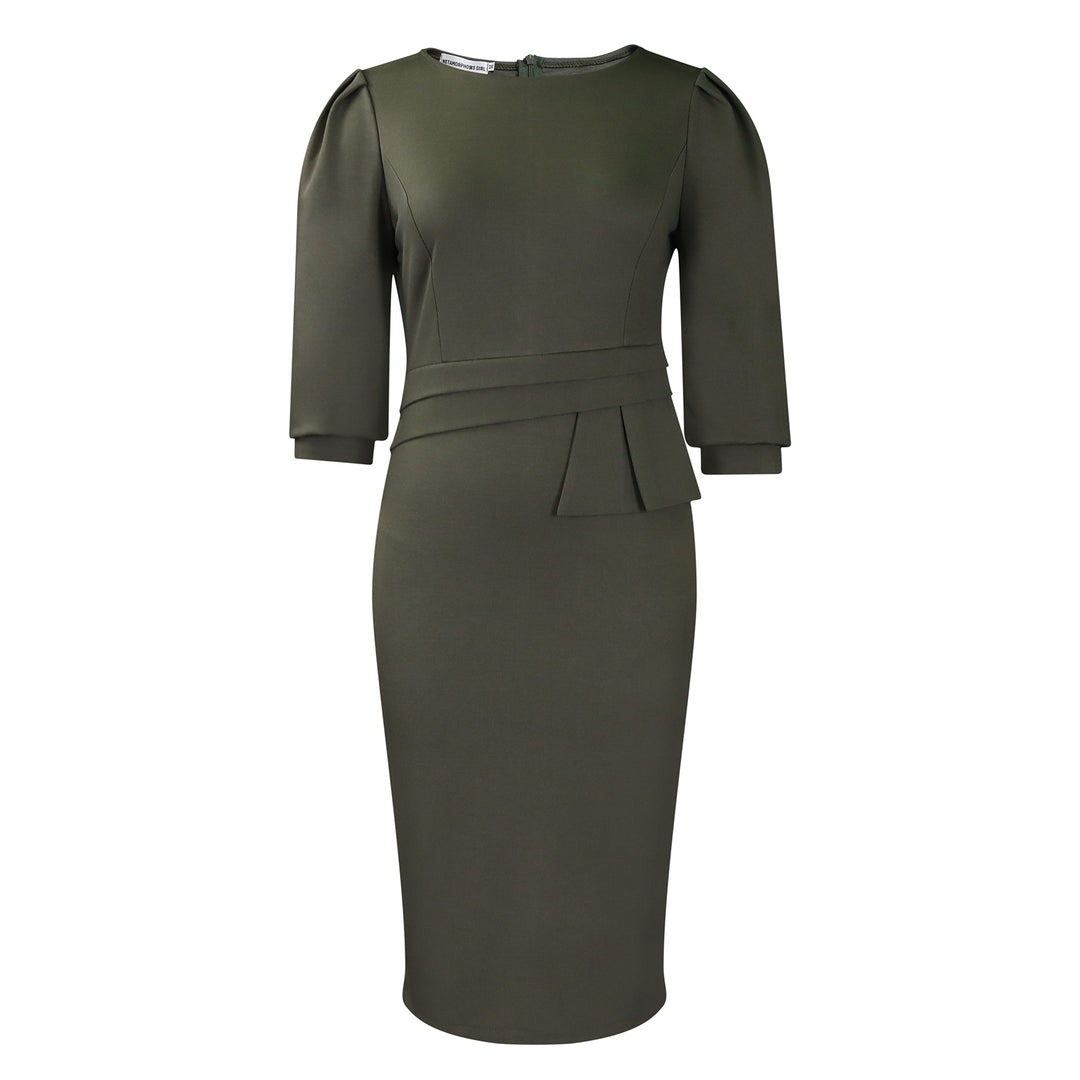 Women's Corporate Work Dress – Peplum Pencil Midi 3/4 Sleeve Structured
