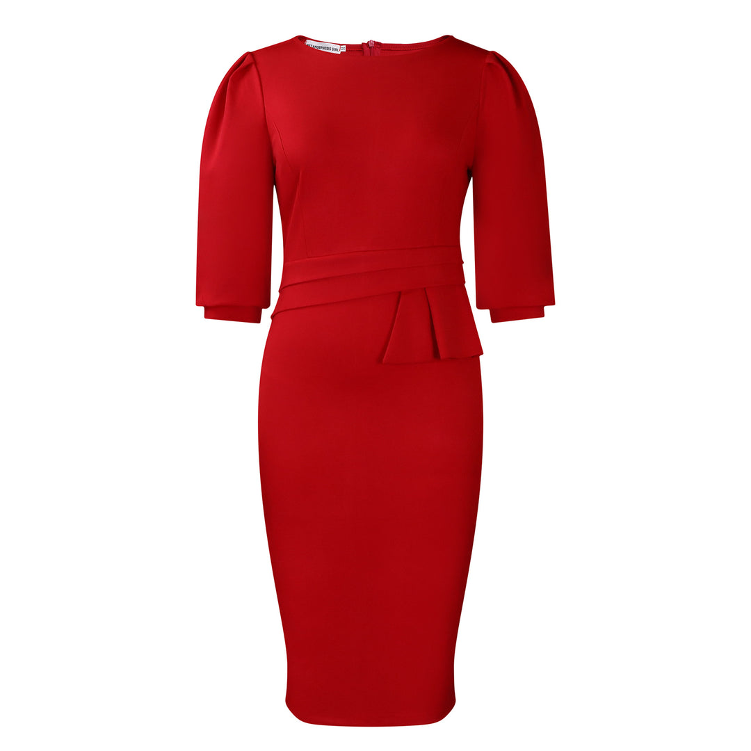 Women's Corporate Work Dress – Peplum Pencil Midi 3/4 Sleeve Structured
