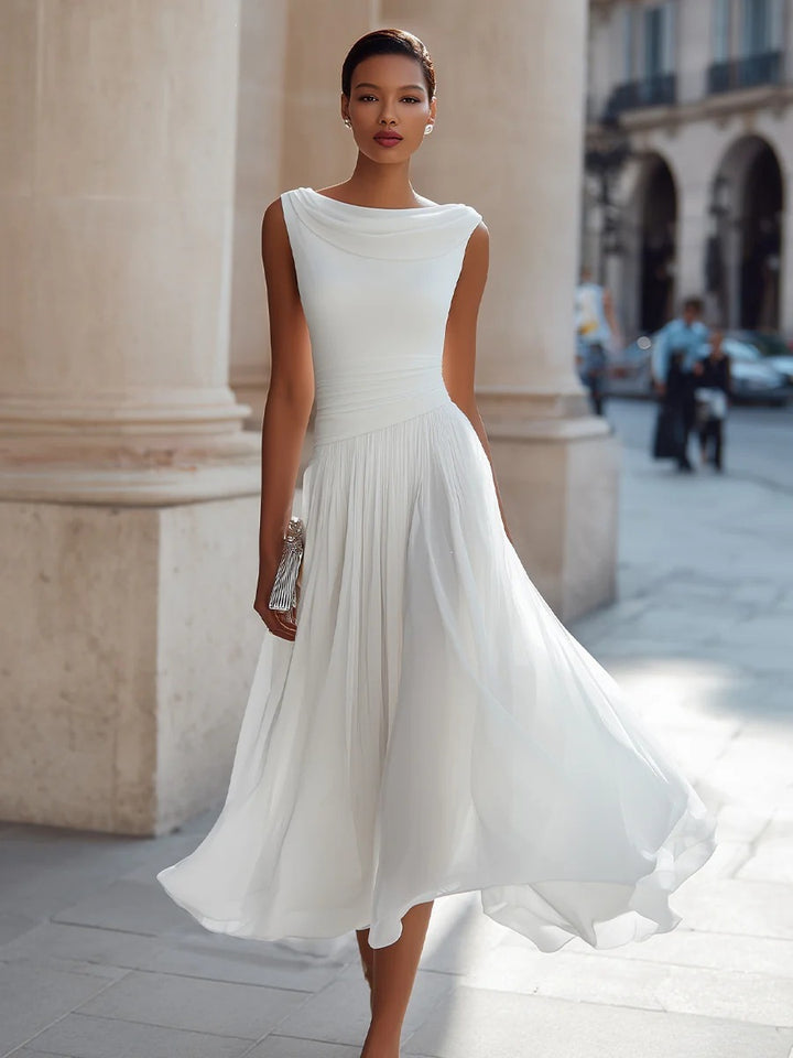 Women's Chiffon Pleated A-Line Midi Dress Sleeveless Cowl Neck Elegant Dress