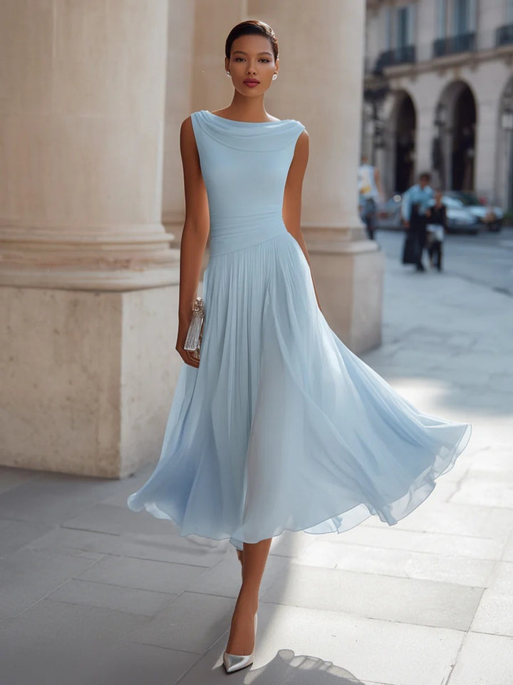 Women's Chiffon Pleated A-Line Midi Dress Sleeveless Cowl Neck Elegant Dress