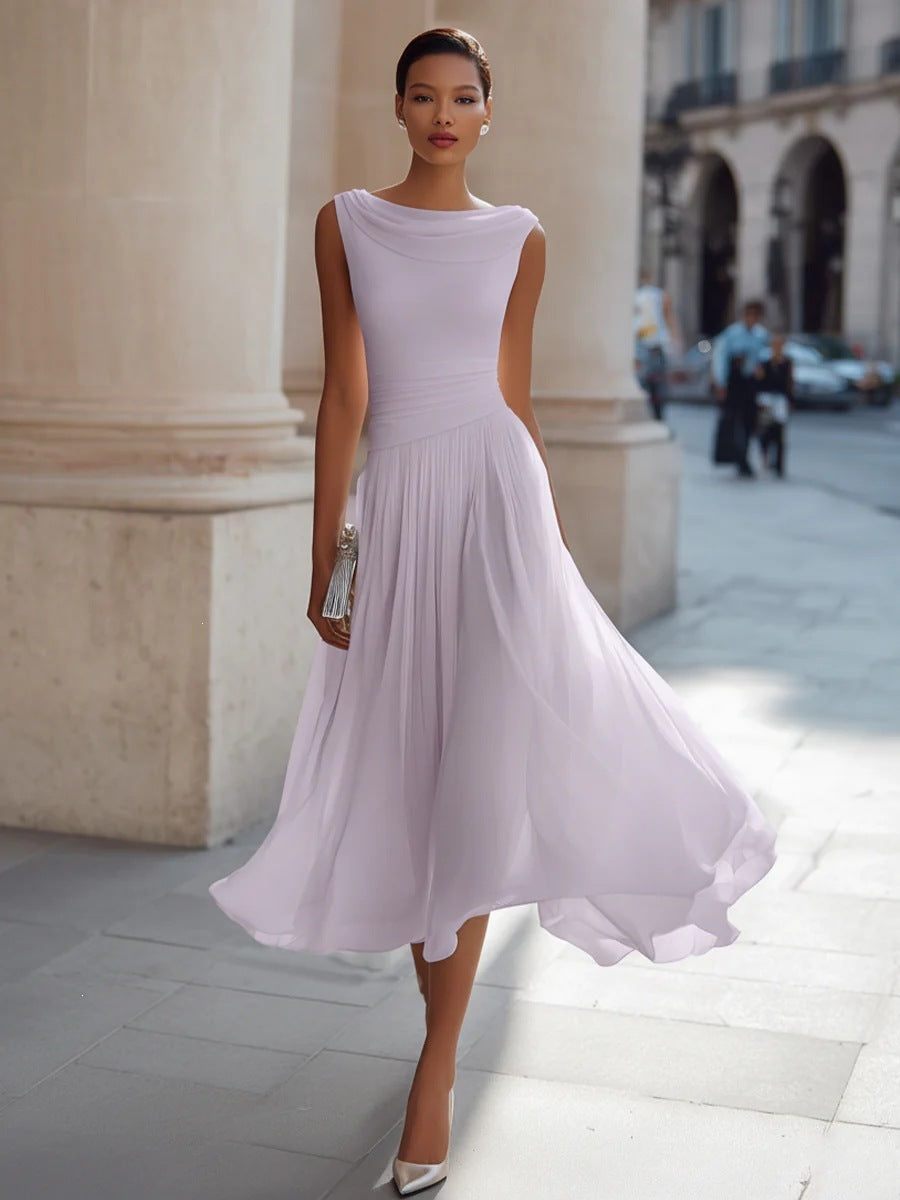 Women's Chiffon Pleated A-Line Midi Dress Sleeveless Cowl Neck Elegant Dress