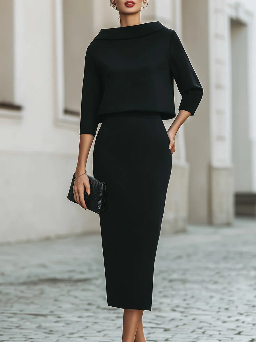 Women's Two Piece Crop Top Pencil Midi Skirt Set 3/4 Sleeve Elegant Office Co-ord