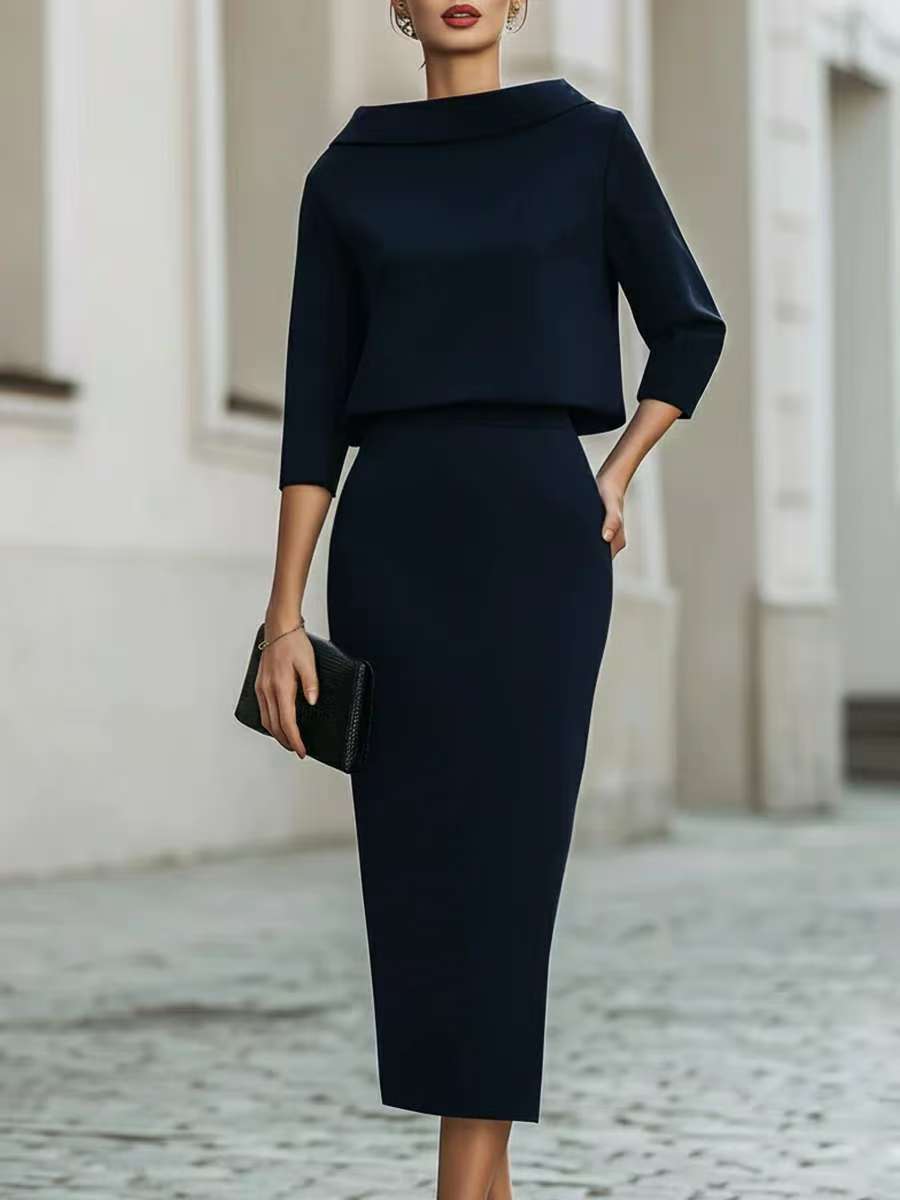 Women's Two Piece Crop Top Pencil Midi Skirt Set 3/4 Sleeve Elegant Office Co-ord