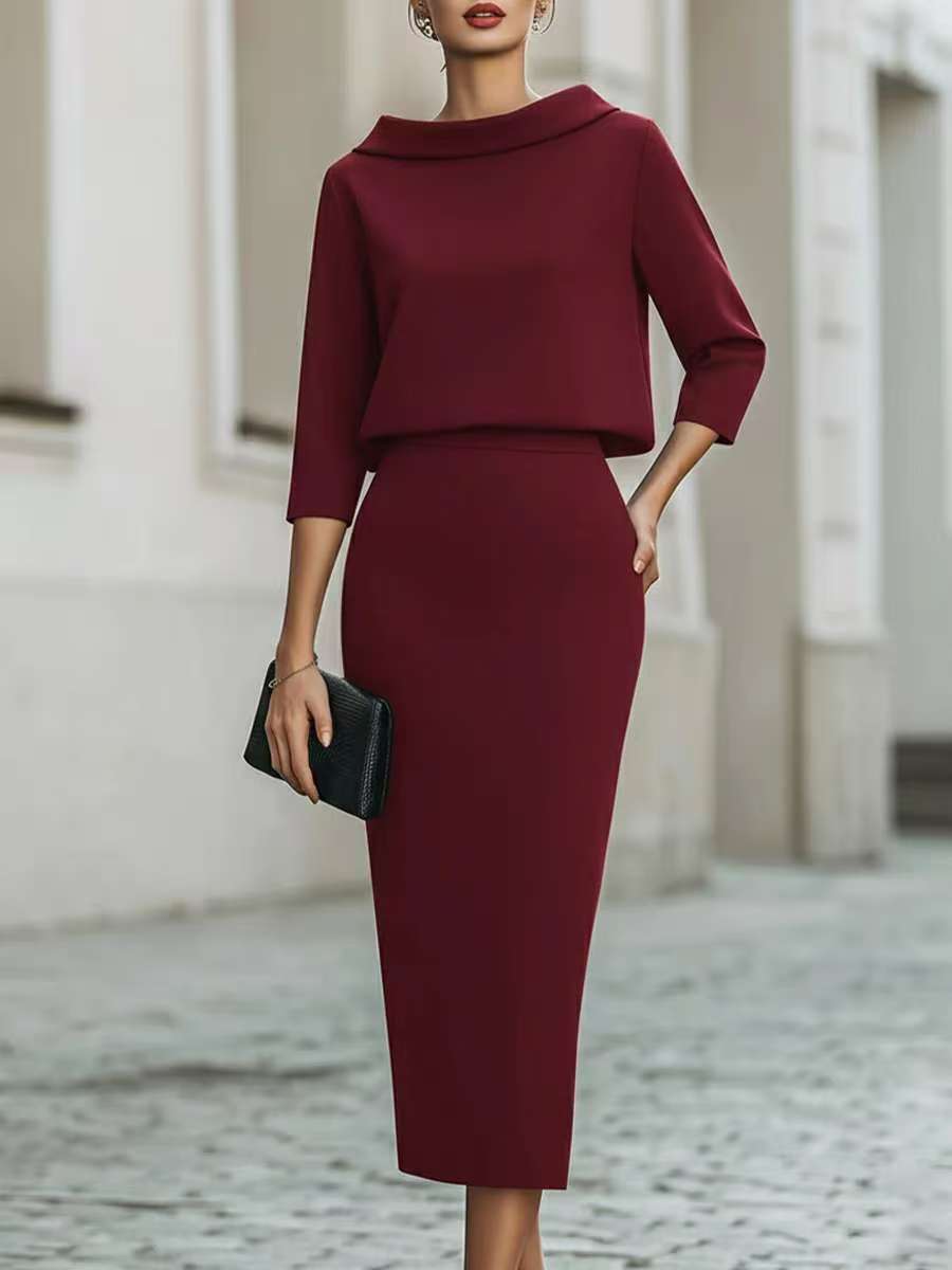 Women's Two Piece Crop Top Pencil Midi Skirt Set 3/4 Sleeve Elegant Office Co-ord
