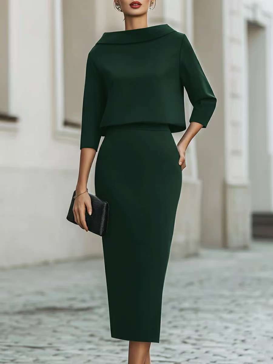 Women's Two Piece Crop Top Pencil Midi Skirt Set 3/4 Sleeve Elegant Office Co-ord