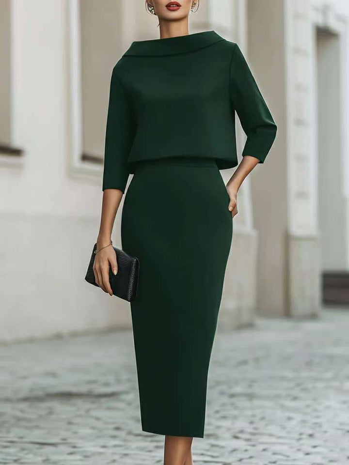 Women's Two Piece Crop Top Pencil Midi Skirt Set 3/4 Sleeve Elegant Office Co-ord