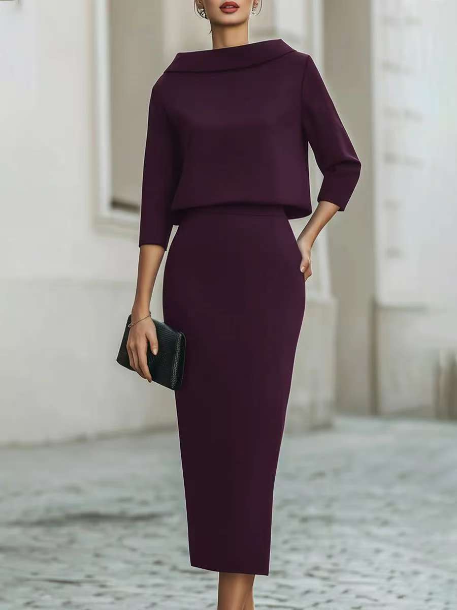Women's Two Piece Crop Top Pencil Midi Skirt Set 3/4 Sleeve Elegant Office Co-ord
