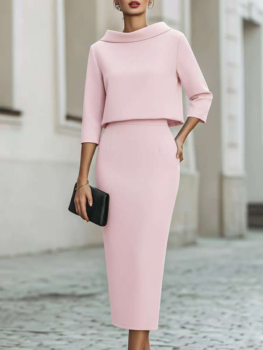 Women's Two Piece Crop Top Pencil Midi Skirt Set 3/4 Sleeve Elegant Office Co-ord