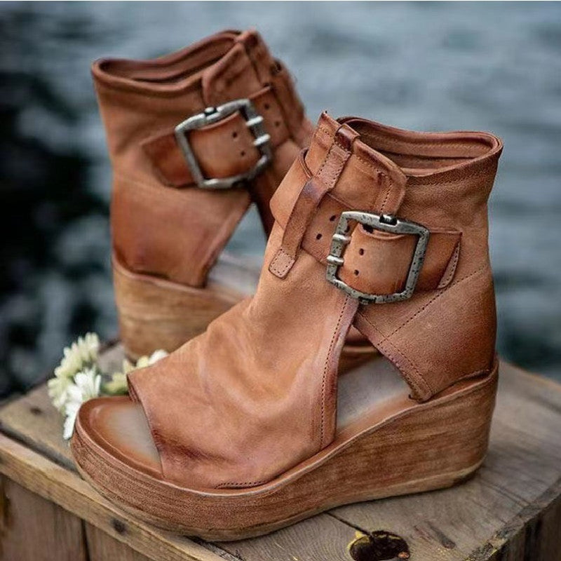 Women's Wedge Sandal Boots Open Toe Double Buckle Ankle Leather Platform Booties