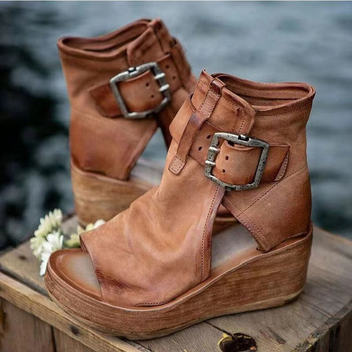 Women's Wedge Sandal Boots Open Toe Double Buckle Ankle Leather Platform Booties