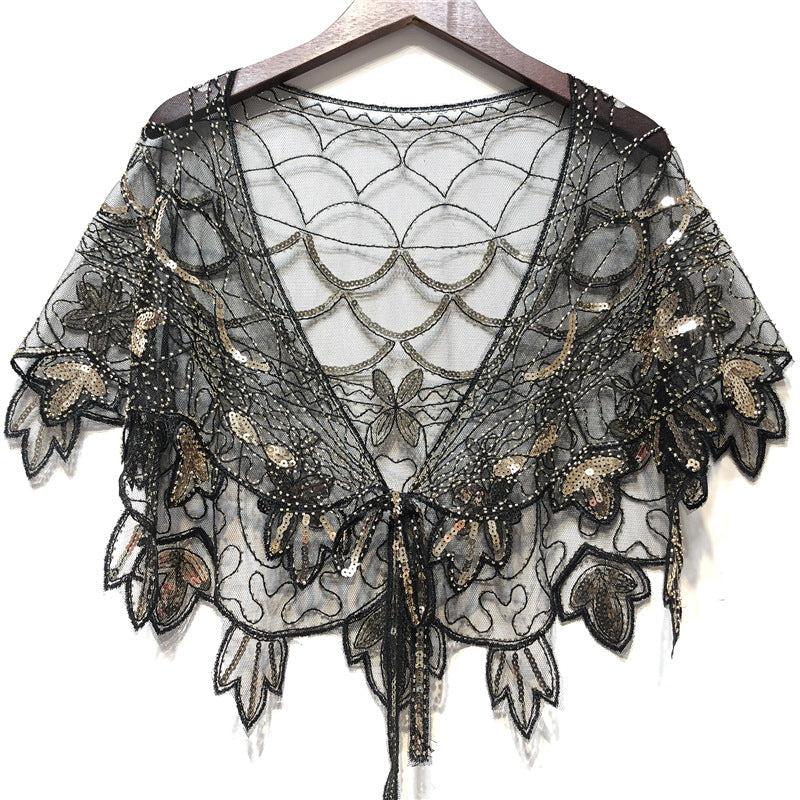 Women's Beaded Capelet Sequin Mesh Evening Shawl Cover Up Wrap