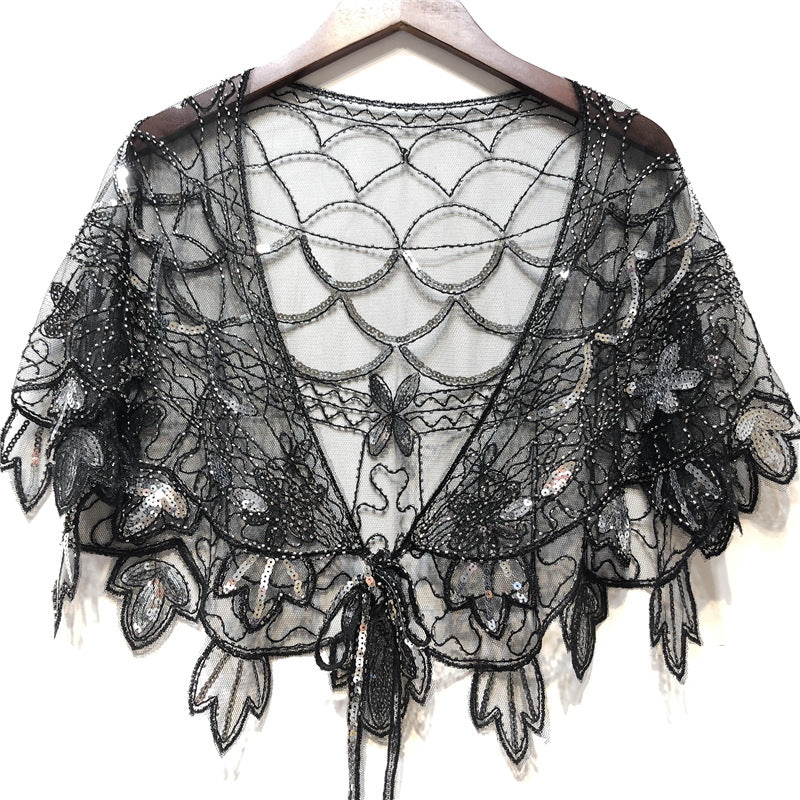 Women's Beaded Capelet Sequin Mesh Evening Shawl Cover Up Wrap